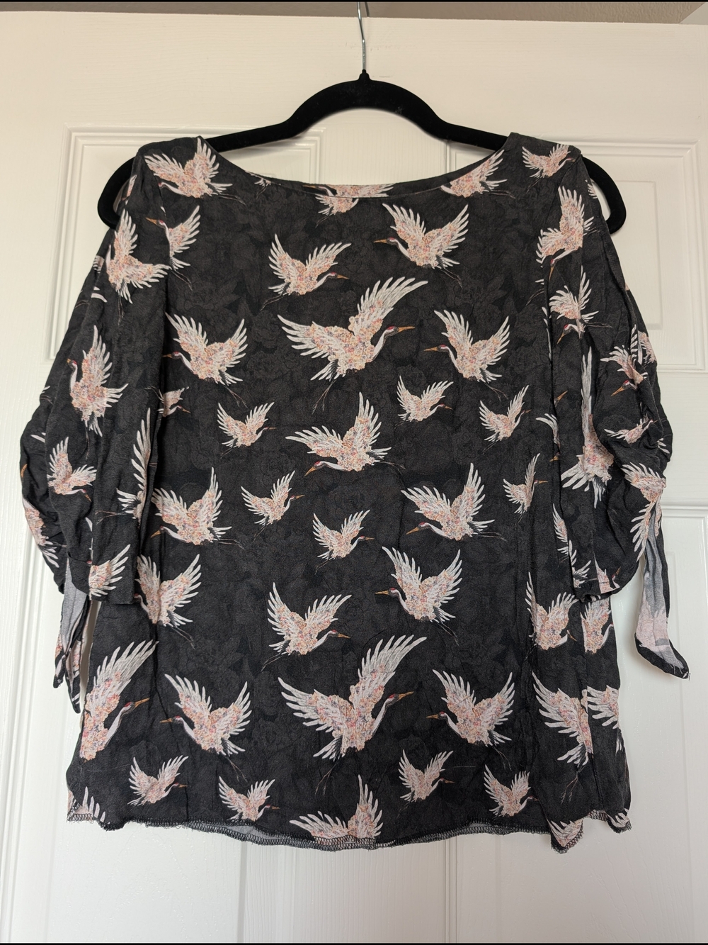 H&M Womens Black Crane Bird Animal Print Tie-Sleeve Top Blouse Casual Elegant